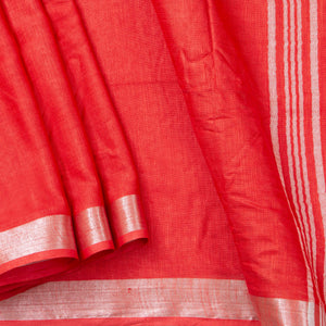 Tomato Red Linen Saree WIth Silver Zari For Office Wear PL 2093