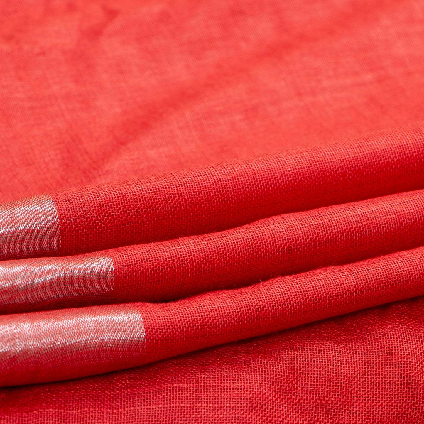 Tomato Red Linen Saree WIth Silver Zari For Office Wear PL 2093