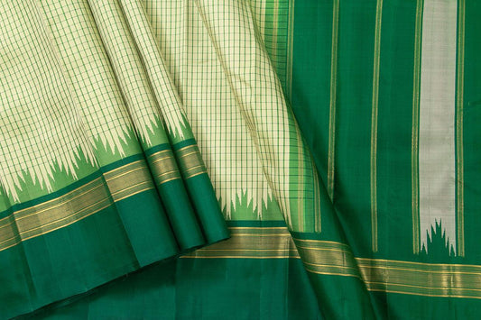 Off White And Green Temple Border Kanchipuram Silk Saree Light Weight For Festive Wear PV KNN 233 - Silk Sari - Panjavarnam