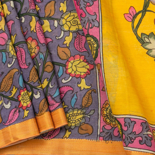 Mauve And Yellow Handpainted Kalamkari Mangalgiri Silk Saree With Zari For Festive Wear PK MS 75