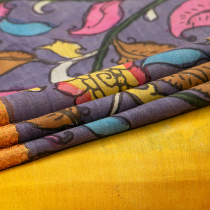 Mauve And Yellow Handpainted Kalamkari Mangalgiri Silk Saree With Zari For Festive Wear PK MS 75