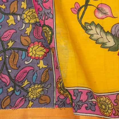 Mauve And Yellow Handpainted Kalamkari Mangalgiri Silk Saree With Zari For Festive Wear PK MS 75