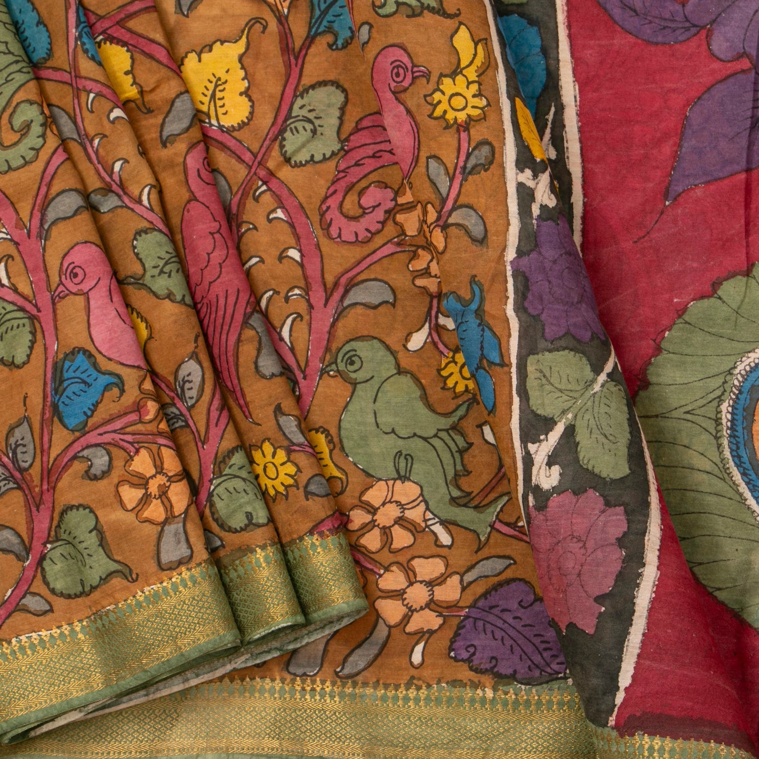 Brown And Green Handpainted Kalamkari Mangalgiri Silk Saree With Zari Border For Office Wear PKMS 70 - Kalamkari Silk - Panjavarnam PKMS 70