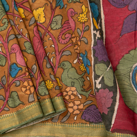 Brown And Green Handpainted Kalamkari Mangalgiri Silk Saree With Zari Border For Office Wear PKMS 70