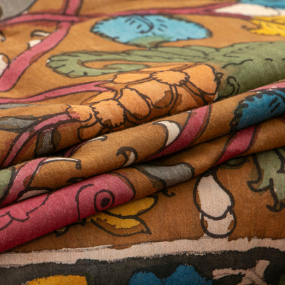 Brown And Green Handpainted Kalamkari Mangalgiri Silk Saree With Zari Border For Office Wear PKMS 70