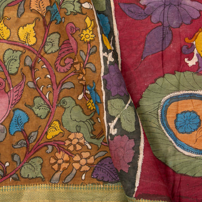 Brown And Green Handpainted Kalamkari Mangalgiri Silk Saree With Zari Border For Office Wear PKMS 70