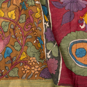 Brown And Green Handpainted Kalamkari Mangalgiri Silk Saree With Zari Border For Office Wear PKMS 70