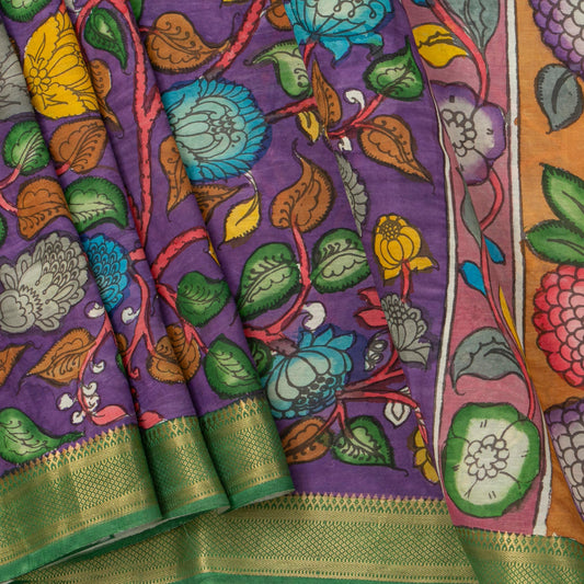 Purple And Green Handpainted Kalamkari Mangalgiri Silk Saree With Zari Border For Festive Wear PK MS 71