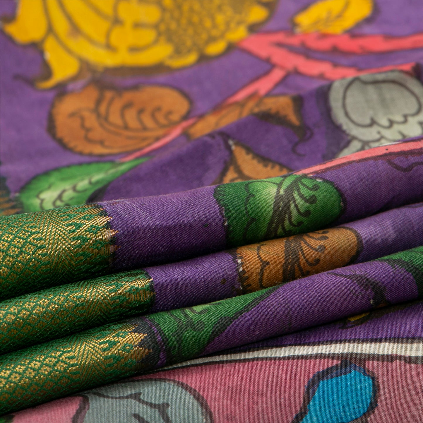 Purple And Green Handpainted Kalamkari Mangalgiri Silk Saree With Zari Border For Festive Wear PK MS 71