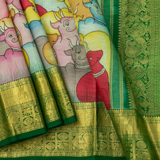 Aqua Blue And Green Handpainted Kalamkari Kanchipuram Silk Saree For Festive Wear SRK KK 107