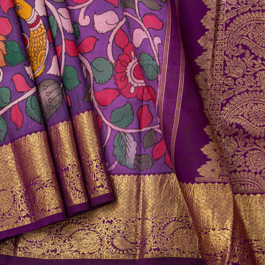 Purple Handpainted Kalamkari Kanchipuram Silk Saree For Festive Wear SRK KK 109