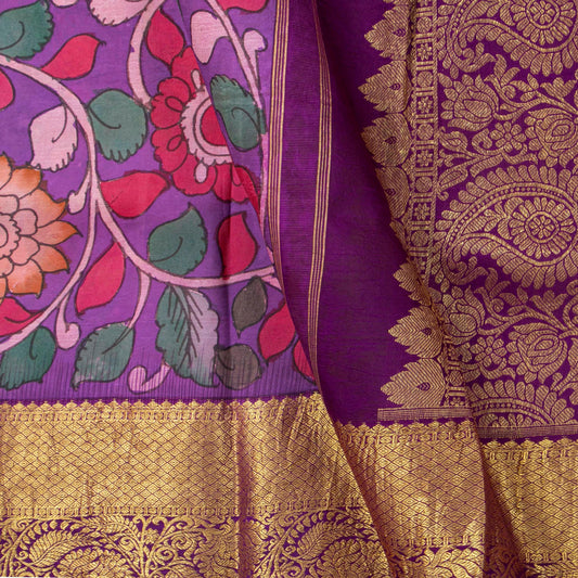 Purple Handpainted Kalamkari Kanchipuram Silk Saree For Festive Wear SRK KK 109