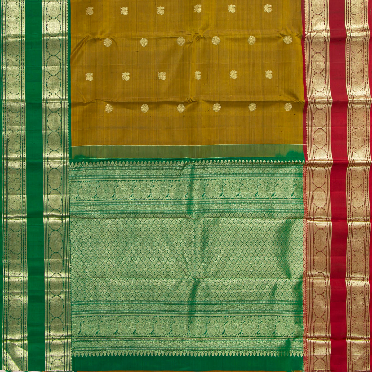 Mustard Kanchipuram Silk Saree Ganga Jamuna Border For Bridal Wear PV NYC 2000