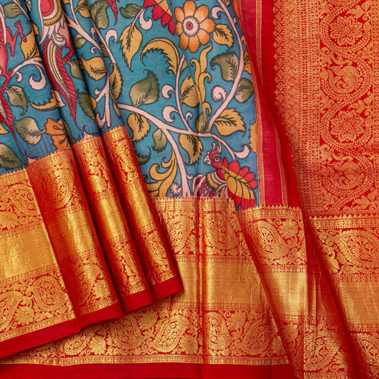 Blue And Red Handpainted Kalamkari Kanchipuram Silk Saree For Festive Wear SRK KK 108
