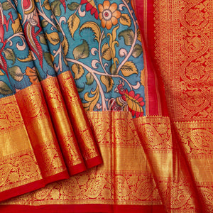 Blue And Red Handpainted Kalamkari Kanchipuram Silk Saree For Festive Wear SRK KK 108