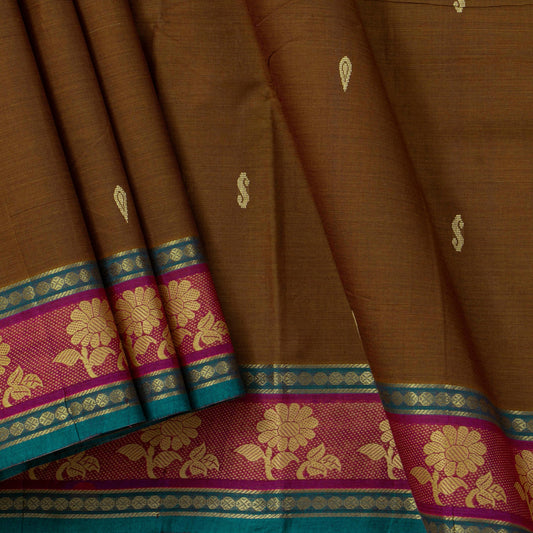 Brown And Blue Chettinad Cotton Saree PV SK CC 244 - Cotton Saree - Panjavarnam PV SK CC 244