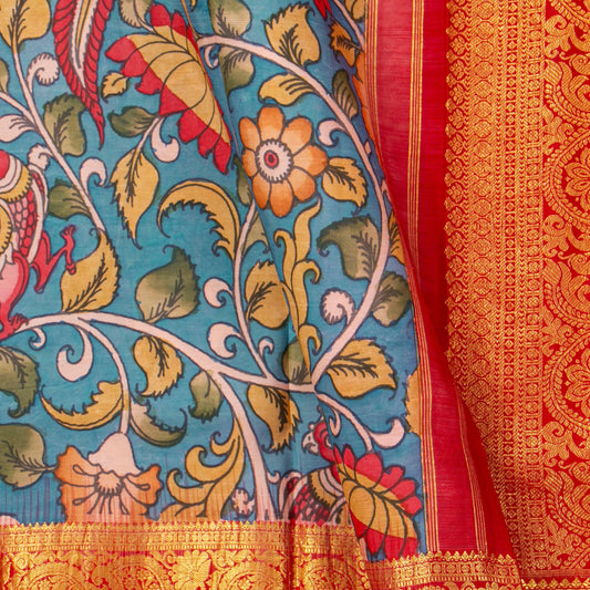 Blue And Red Handpainted Kalamkari Kanchipuram Silk Saree For Festive Wear SRK KK 108