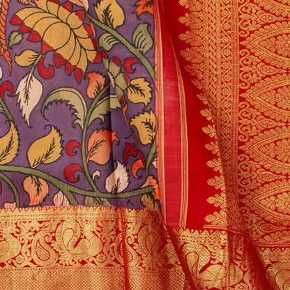 Mauve And Red Handpainted Kalamkari Kanchipuram Silk Saree For Festive Wear SRK KK 106