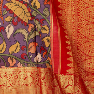 Mauve And Red Handpainted Kalamkari Kanchipuram Silk Saree For Festive Wear SRK KK 106