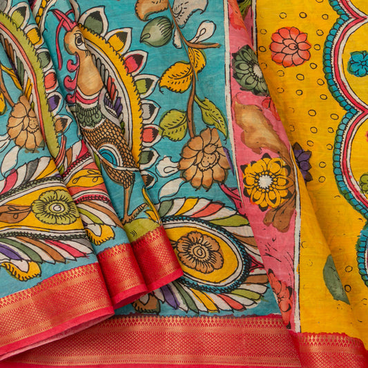 Blue And Pink Handpainted Kalamkari Mangalgiri Silk Saree With Zari Border For Festive Wear PK MS 73