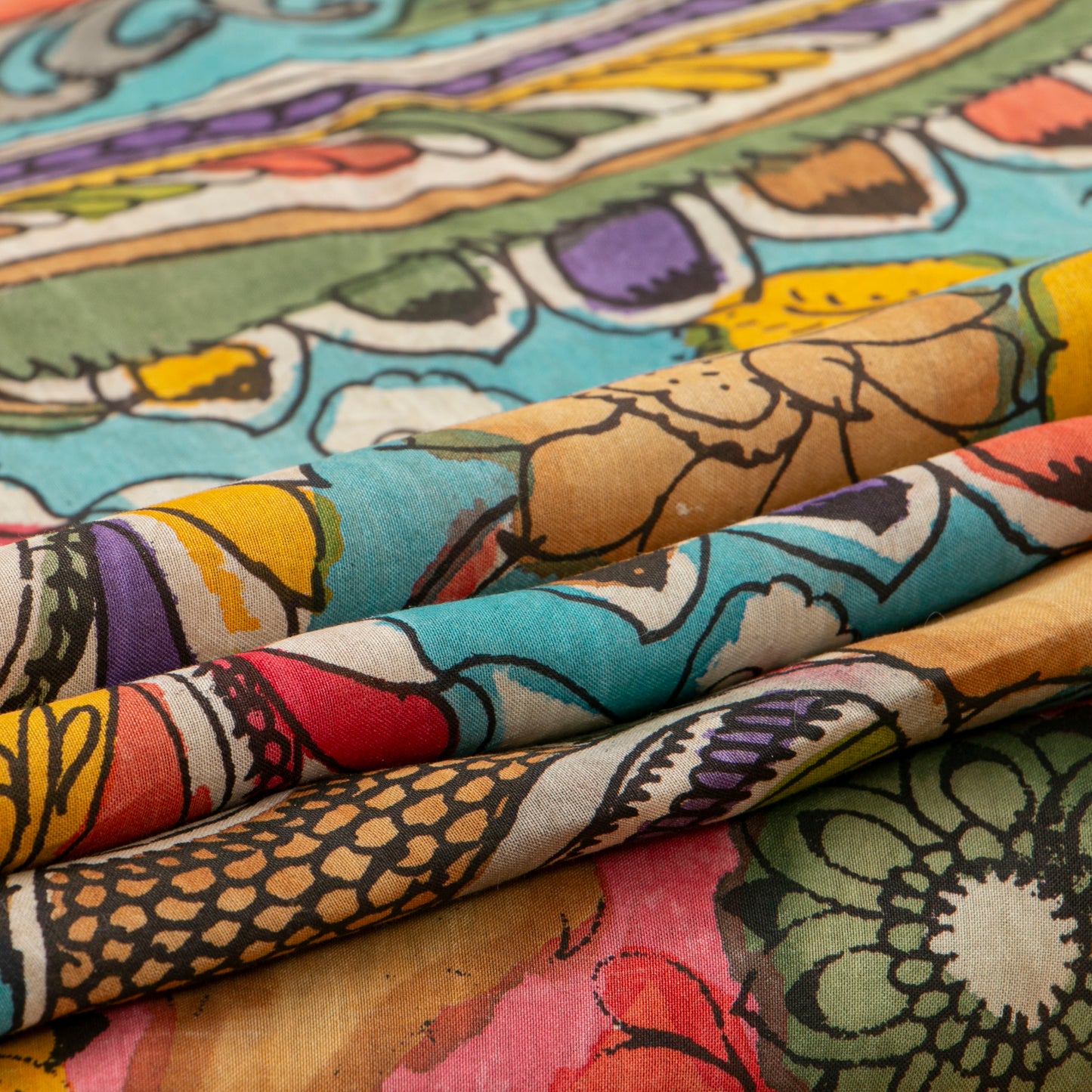 Blue And Pink Handpainted Kalamkari Mangalgiri Silk Saree With Zari Border For Festive Wear PK MS 73