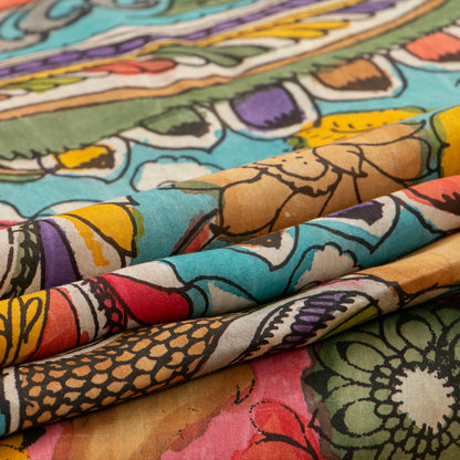Blue And Pink Handpainted Kalamkari Mangalgiri Silk Saree With Zari Border For Festive Wear PK MS 73