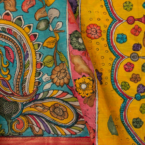 Blue And Pink Handpainted Kalamkari Mangalgiri Silk Saree With Zari Border For Festive Wear PK MS 73