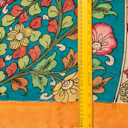 Blue Handpainted Kalamkari Mangalgiri Silk Saree For Festive Wear PK MS 72