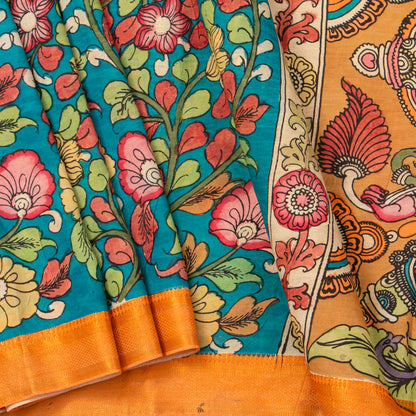 Blue Handpainted Kalamkari Mangalgiri Silk Saree For Festive Wear PK MS 72