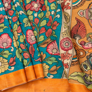 Blue Handpainted Kalamkari Mangalgiri Silk Saree For Festive Wear PK MS 72
