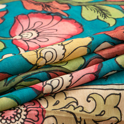 Blue Handpainted Kalamkari Mangalgiri Silk Saree For Festive Wear PK MS 72