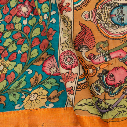 Blue Handpainted Kalamkari Mangalgiri Silk Saree For Festive Wear PK MS 72