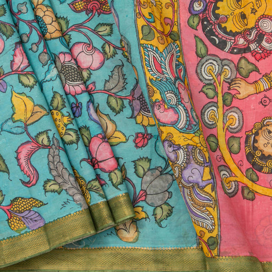 Sky Blue And Green Handpainted Kalamkari Mangalgiri Silk Saree With Zari Border PK MS 74