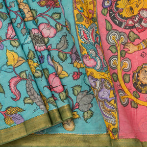 Sky Blue And Green Handpainted Kalamkari Mangalgiri Silk Saree With Zari Border PK MS 74