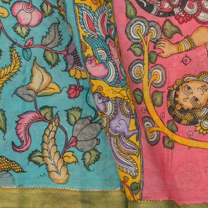 Sky Blue And Green Handpainted Kalamkari Mangalgiri Silk Saree With Zari Border PK MS 74