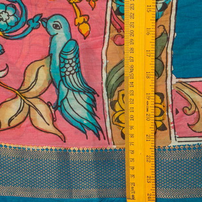 Pink And Blue Handpainted Kalamkari Mangalgiri Silk Saree With Zari Border For Festive Wear PK MS 76