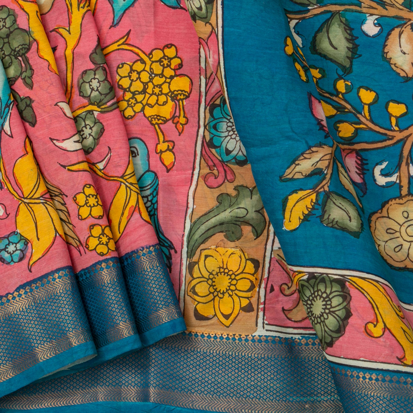 Pink And Blue Handpainted Kalamkari Mangalgiri Silk Saree With Zari Border For Festive Wear PK MS 76