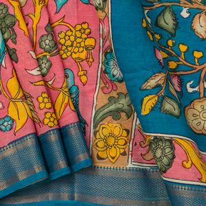 Pink And Blue Handpainted Kalamkari Mangalgiri Silk Saree With Zari Border For Festive Wear PK MS 76
