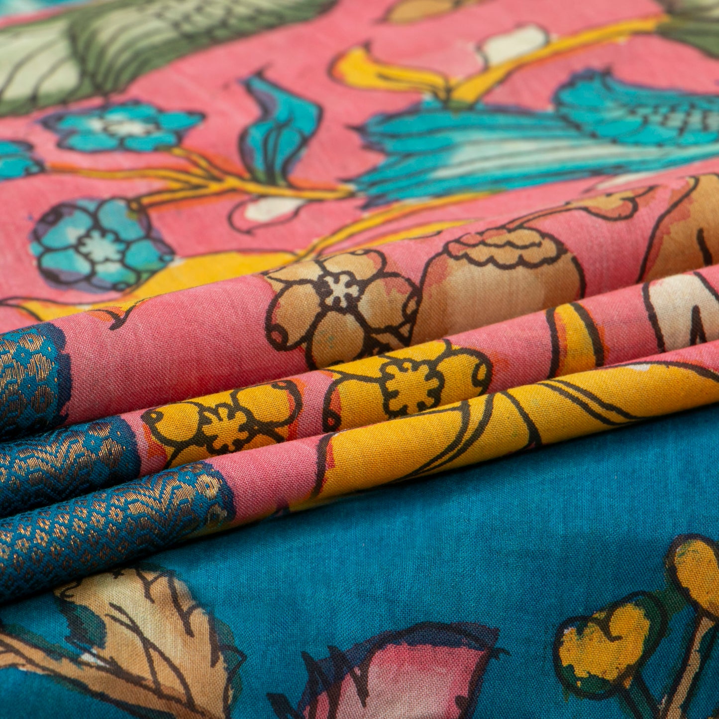 Pink And Blue Handpainted Kalamkari Mangalgiri Silk Saree With Zari Border For Festive Wear PK MS 76
