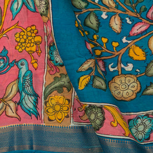 Pink And Blue Handpainted Kalamkari Mangalgiri Silk Saree With Zari Border For Festive Wear PK MS 76