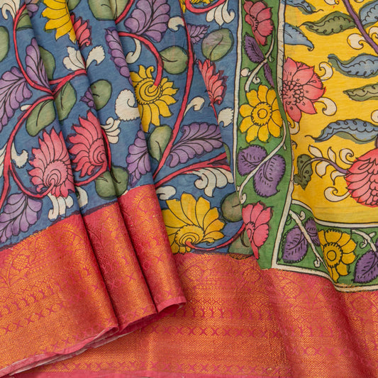 Blue And Pink Handpainted Kalamkari Mangalgiri Silk Saree For Festive Wear PK MS 81