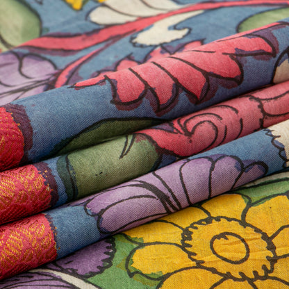 Blue And Pink Handpainted Kalamkari Mangalgiri Silk Saree For Festive Wear PK MS 81