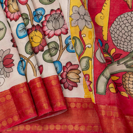 Off White And Red Kalamkari Mangalgiri Silk Saree For Festive Wear PK MS 80