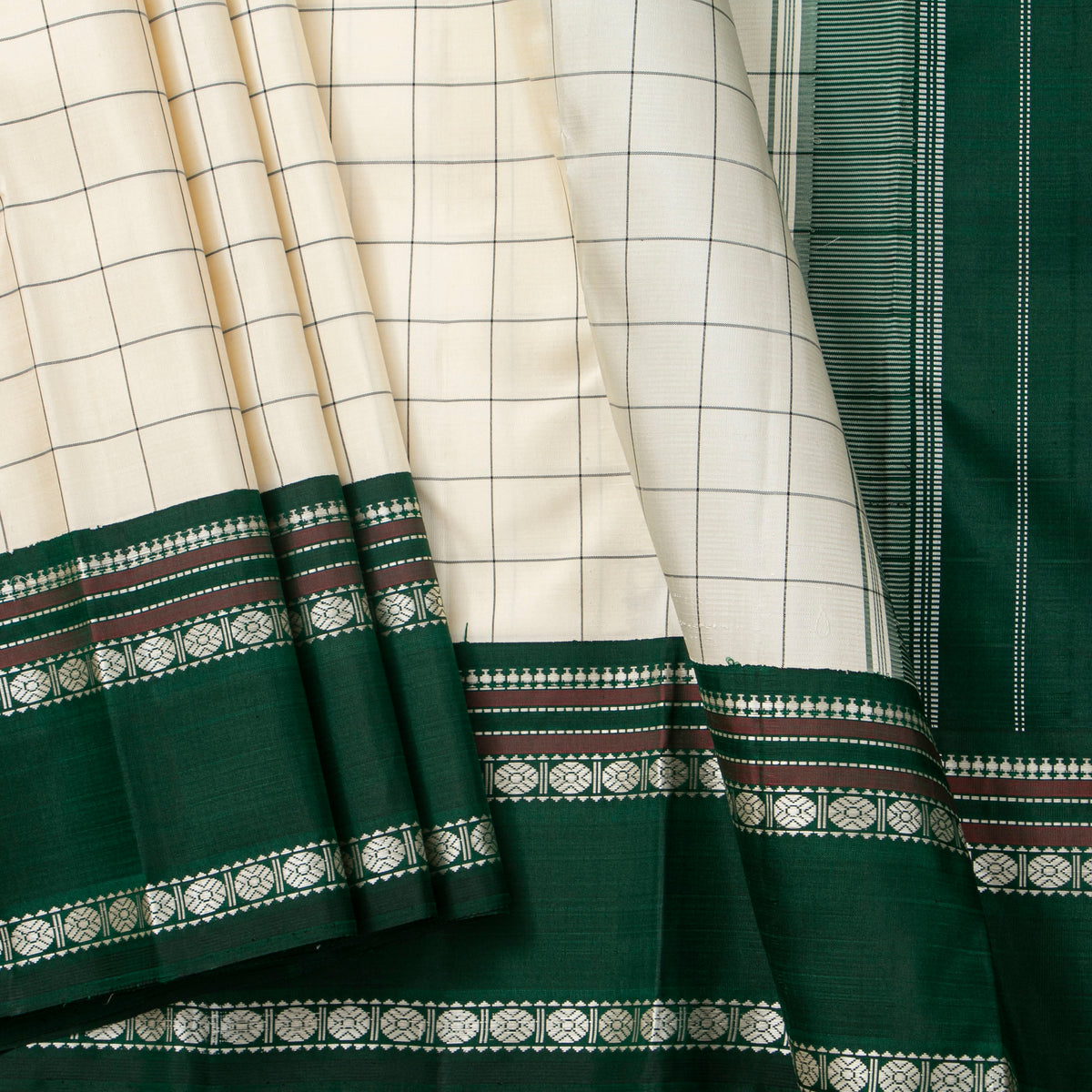 Off White And Green Kanchipuram Silk Saree No Zari For Festive Wear PV 2072
