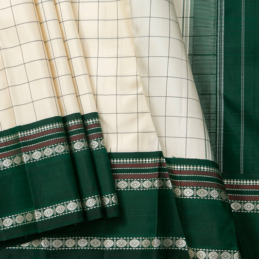 Off White And Green Kanchipuram Silk Saree No Zari For Festive Wear PV 2072