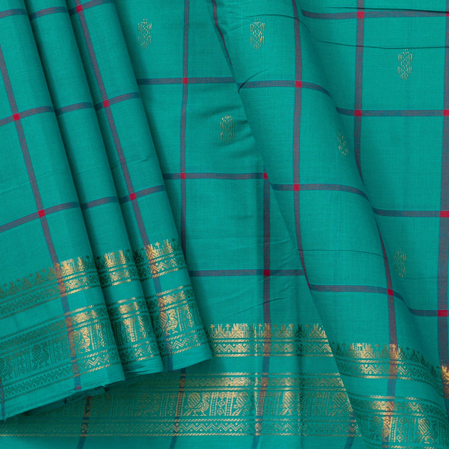 Sea Green Handwoven Chettinad Cotton Saree With Zari Border For Summer Wear PV SK CC 250