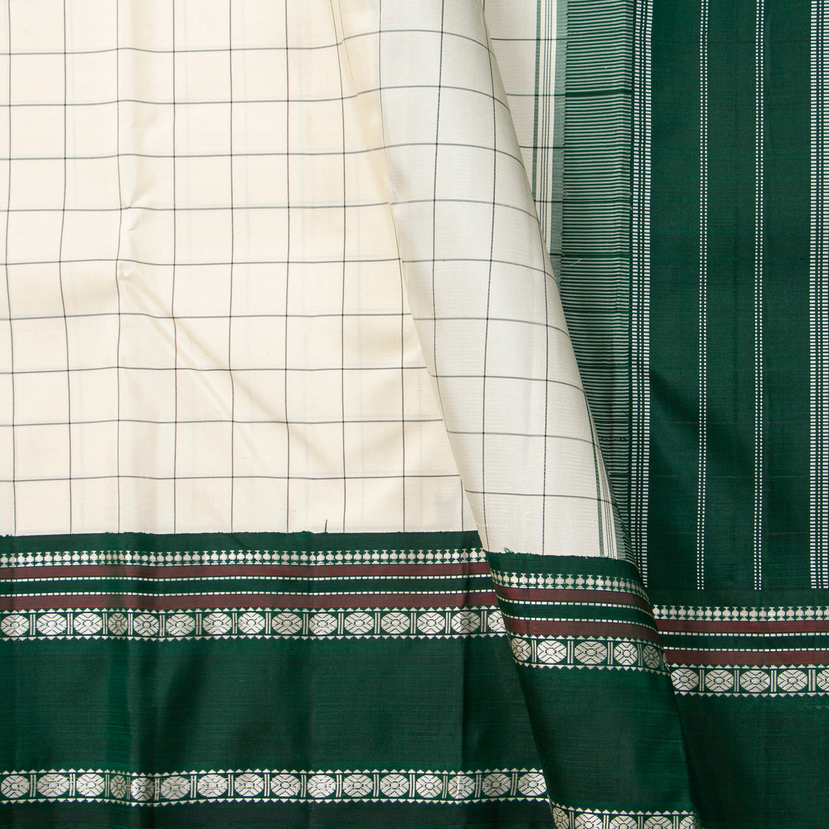 Off White And Green Kanchipuram Silk Saree No Zari For Festive Wear PV 2072