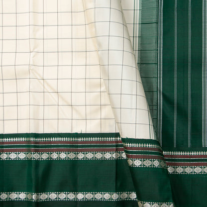 Off White And Green Kanchipuram Silk Saree No Zari For Festive Wear PV 2072