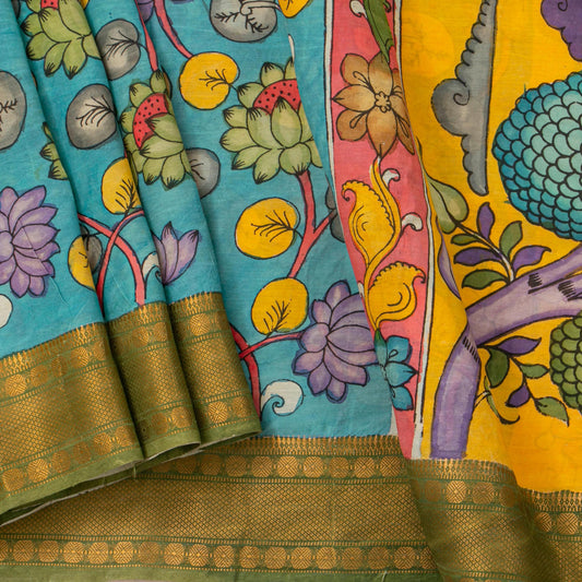 `Blue And Yellow Handpainted Kalamkari Mangalgiri Silk Saree With Krishna Leela Theme PK MS 79