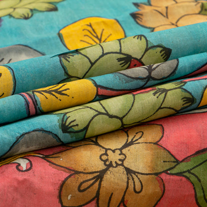 `Blue And Yellow Handpainted Kalamkari Mangalgiri Silk Saree With Krishna Leela Theme PK MS 79